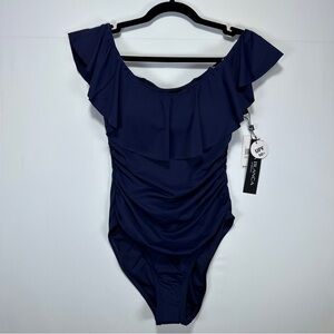 La Blanca Navy One Piece Swimsuit Off Shoulder Ruffle Ruched Size 8 NWT